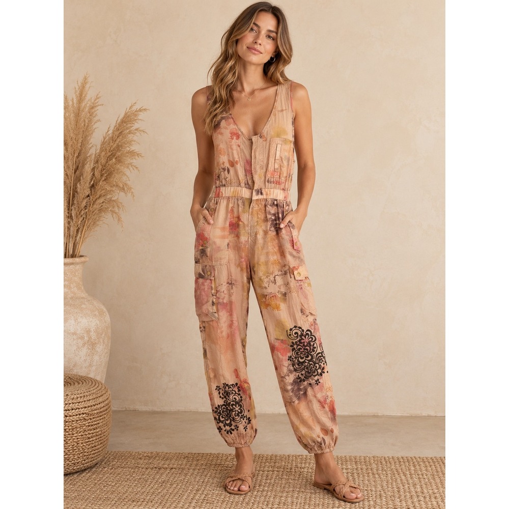 Free People Colorburst Jumpsuit Women M Oasis Floral Utility Sheer Boho Ethereal